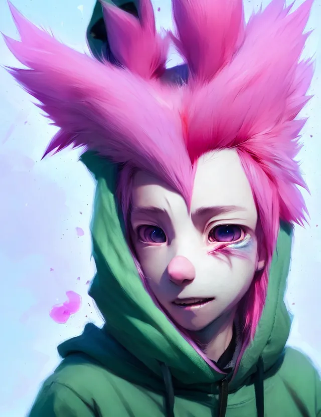 Prompt: a beautiful headshot portrait of a cute anime male with pink hair and pink wolf ears green eyes piercings wearing a hoodie. character design by cory loftis, fenghua zhong, ryohei hase, ismail inceoglu and ruan jia. artstation, volumetric light, detailed, photorealistic, fantasy, rendered in octane