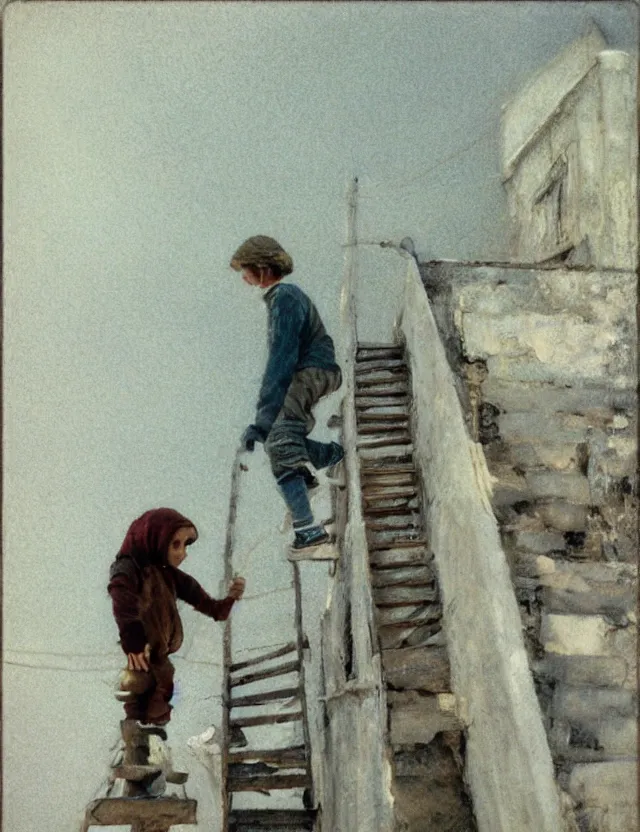 Image similar to peasant boy climbing stairs to the roof of a house, cottage core, cinematic focus, polaroid photo bleached vintage pastel colors high - key lighting, soft lights, foggy, by steve hanks, by lisa yuskavage, by serov valentin, by tarkovsky, detailed, oil on canvas