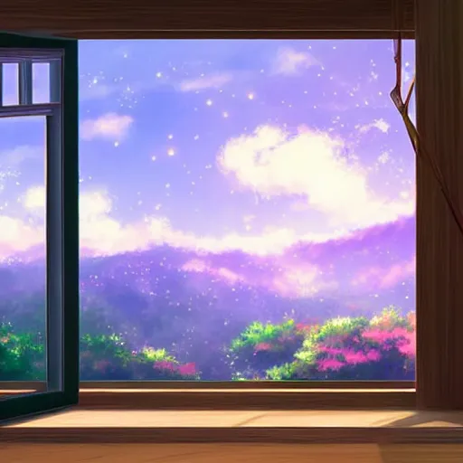 Image similar to a heavenly dream view from the interior of my cozy house from a Makoto Shinkai oil on canvas inspired pixiv dreamy scenery art majestic fantasy scenery cozy window frame fantasy pixiv scenery art inspired by magical fantasy exterior