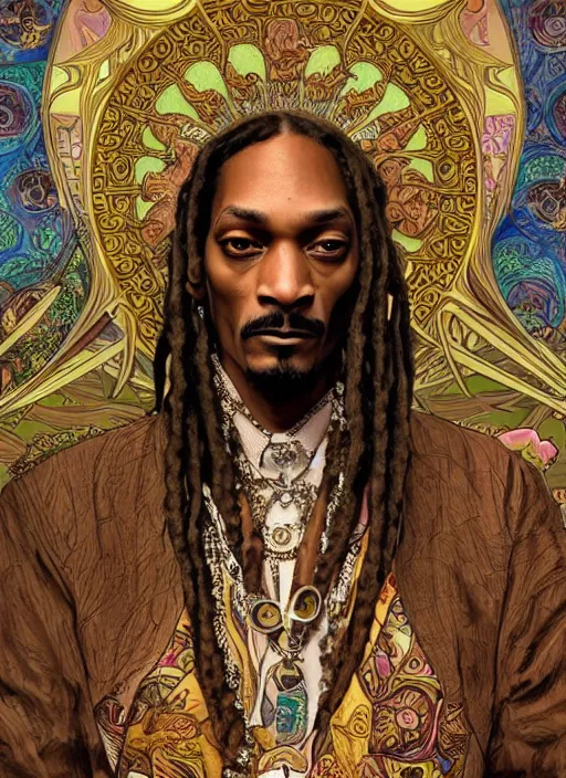 Image similar to Snoop Dog as God of Weed, brutal, epic, intricate, elegant, highly detailed, digital painting, 4k, HDR, concept art, smooth, sharp focus, illustration, art by alphonse mucha,artgerm, H R Giger