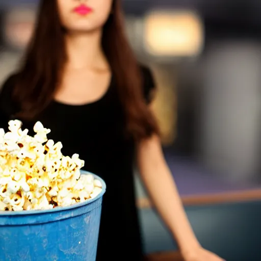 Prompt: photo of a hamster standing next to a bucket of popcorn, in a cinema, various poses, unedited, soft light, sharp focus, 8 k