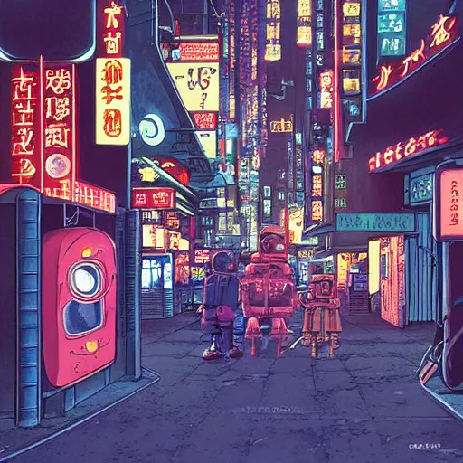 Prompt: fantasycore street view of 1950s tokyo at night by michael whelan and naomi okubo and dan mumford. cute 1950s robots. cel-shaded. glossy painting.