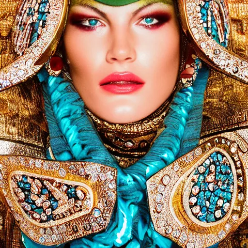 Prompt: A high resolution ultra close up macro portrait of an editorial Versace model with an ornate turquoise color blocks gem crystal helmet mask scarf in sand dunes up by David Lachapelle