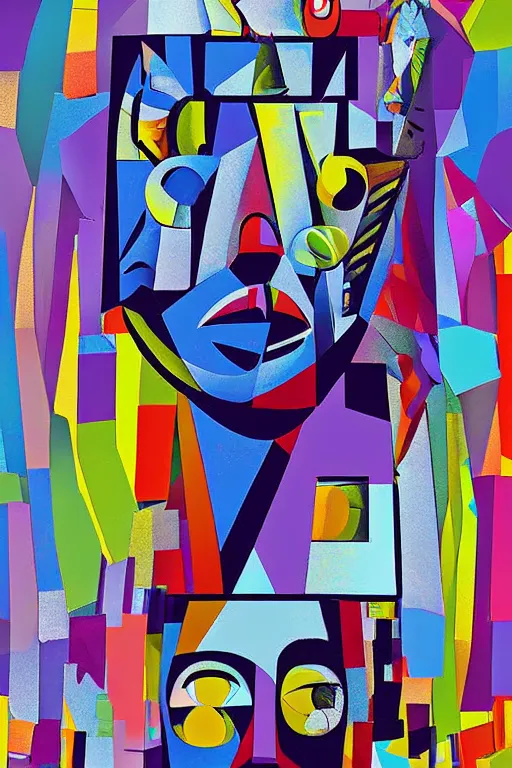 Image similar to cubist moai statue cutout digital illustration cartoon colorful beeple