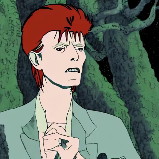 Prompt: david bowie in the forest made by studio ghibli, spirit, night, high details, high quality, 8 k, smooth,
