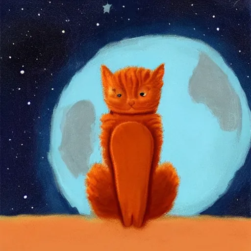 Prompt: A fuzzy orange cat sitting on planet earth, space with stars in the background, trending on artstation, Tim Burton’s Art Style