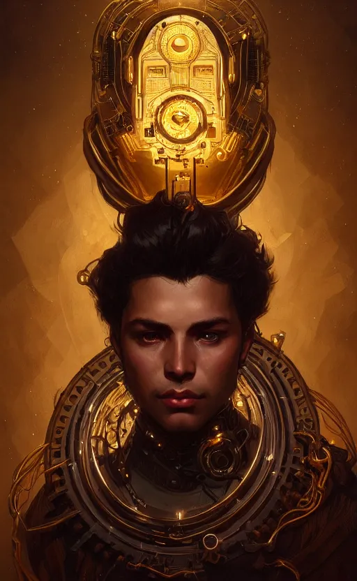 Image similar to portrait of a young handsome dark god, gold wires, steampunk, intricate, headshot, highly detailed, digital painting, artstation, concept art, sharp focus, cinematic lighting, illustration, art by artgerm and greg rutkowski, alphonse mucha, cgsociety