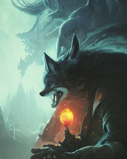 Image similar to Dark Fox Mage, spell, fog, magic the gathering artwork, D&D, fantasy, cinematic lighting, centered, symmetrical, highly detailed, digital painting, artstation, concept art, smooth, sharp focus, illustration, volumetric lighting, epic Composition, 8k, art by Akihiko Yoshida and Greg Rutkowski and Craig Mullins, oil painting, cgsociety