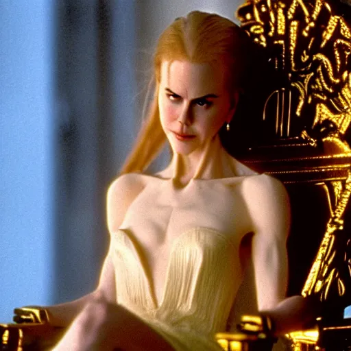 Image similar to cinematic scene with a 2 0 year old nicole kidman on a majestic throne as the goddess of war, dramatic, small details, volumetric lighting, still frame