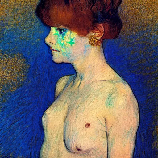 Image similar to palette knife oil painting portrait of a ivory girl in an haunted liminal blue and gold room, film still by goya, by henri de toulouse - lautrec, by klimt, by pontormo, extreme detail, liminal aesthetic, artgerm, deviant art, octane, substance, art history 8 k, art nouveau