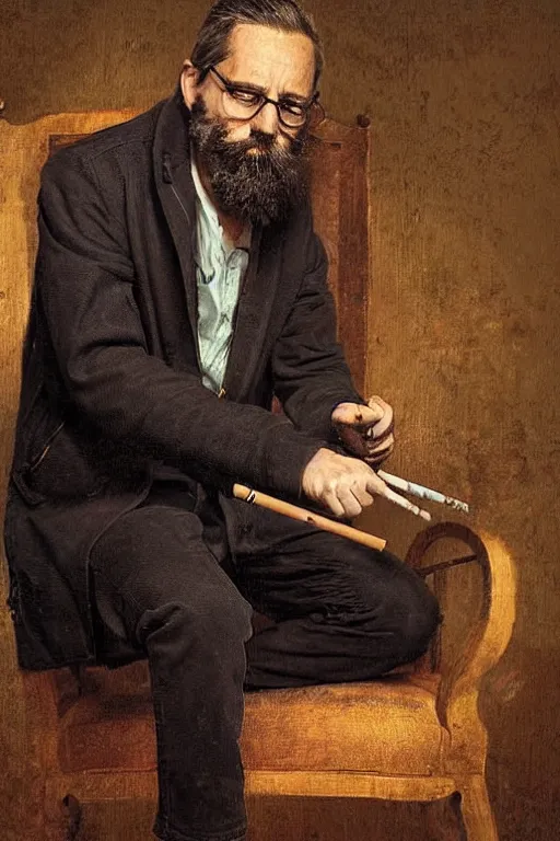 Prompt: portrait of a middle - aged writer with a beard, he is sitting on a chair, he is smoking a cigarette, style of greg rutkowski