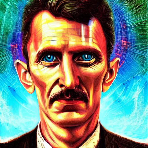 Image similar to nikola tesla psytrance artwork, by sam spratt