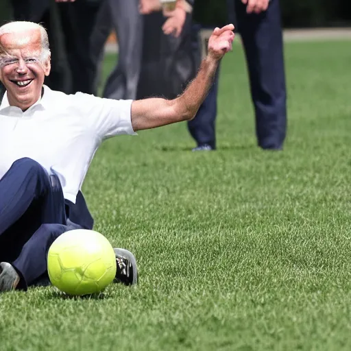 Prompt: Joe Biden playing soccer, doing a step over, breaking ankles, his opponents falling over