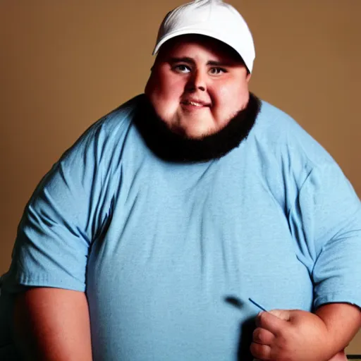 Image similar to very obese man with a t-shirt and blue cap with the letter P, holding a pencil