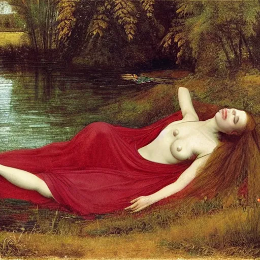 Image similar to breathtaking masterpiece of art, elizabeth eleanor siddall as ophelia laying down in shivasna floating down the river amongst the reeds fully clothed in flowing medieval robes by rosetti, 8 k