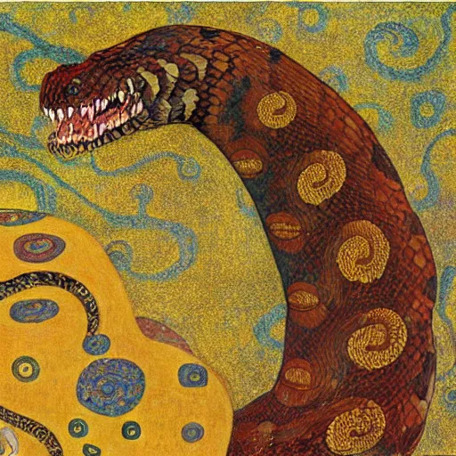 Image similar to detailed oroboros snake biting its tail frathered serpent painting by gustav klimt