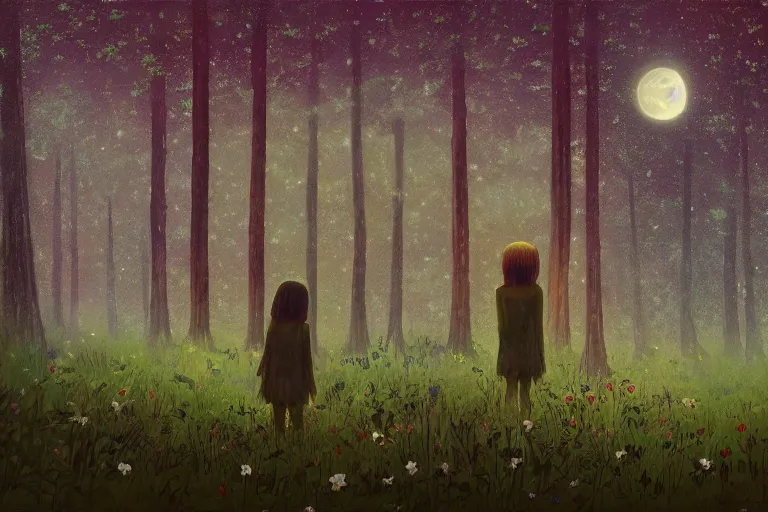 Prompt: giant daisy flowers head, girl standing in forest, surreal photography, dark night, stars, moon light, impressionist painting, clouds, digital painting, artstation, simon stalenhag