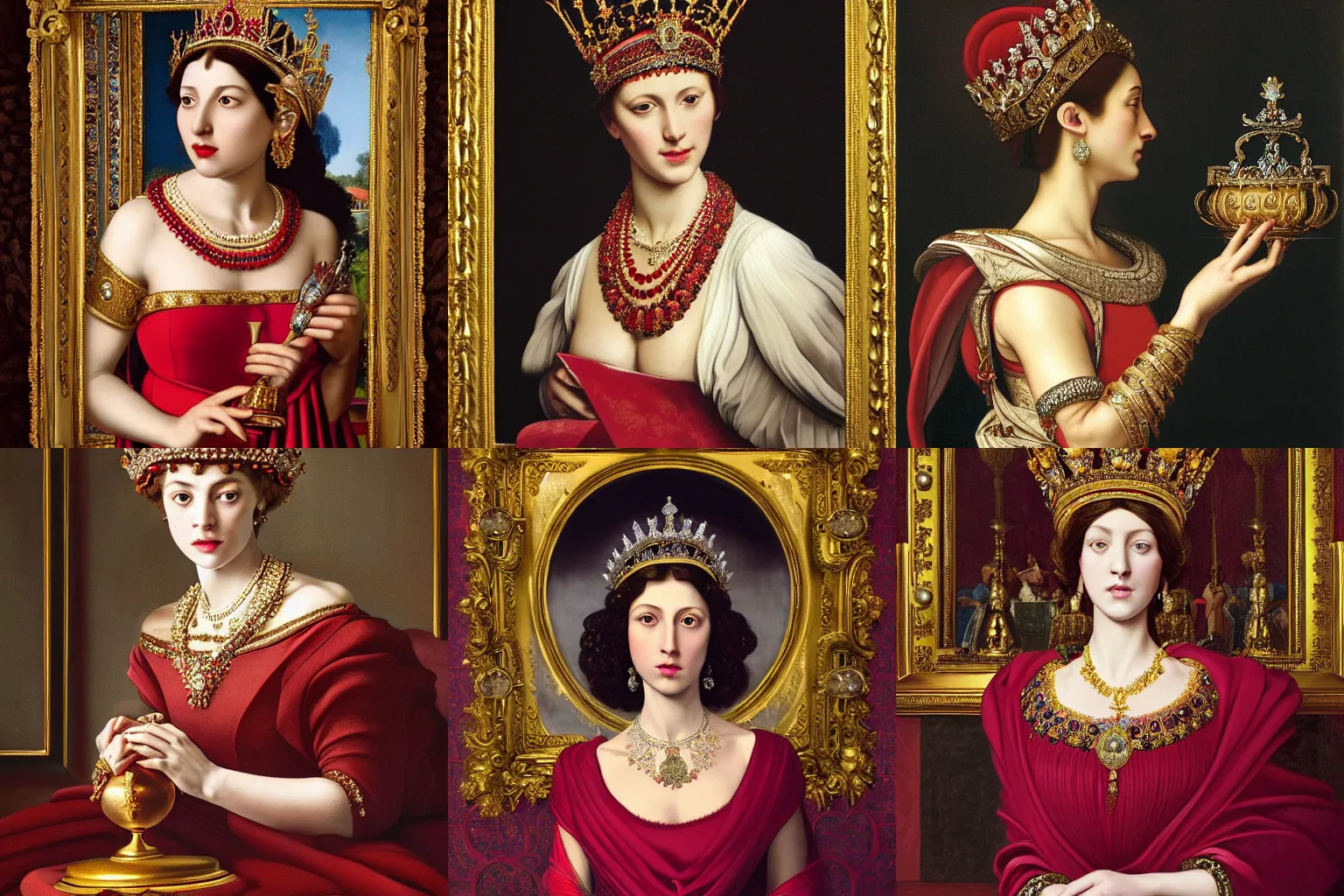 Prompt: A extremely highly detailed majestic hi-res beautiful painting of a beautiful woman wearing a long royal red silk dress, the crown jewels is on her head and she is holding a golden goblet and around her neck is a ornate golden necklace decorated with diamonds and rupees by Michelangelo Merisi da Caravaggio, high detail, hyperrealistic, photorealistic, octante render, cinematic, high textures, hyper sharp, 4k insanely detailed and intricate, hypermaximalist, 8k, hyper realistic, super detailed, 4k HDR hyper realistic high,