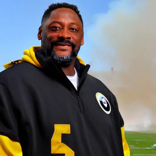 Prompt: a photo of a house burning down in the background and coach tomlin with an placid expression in the foreground, strong depth of field