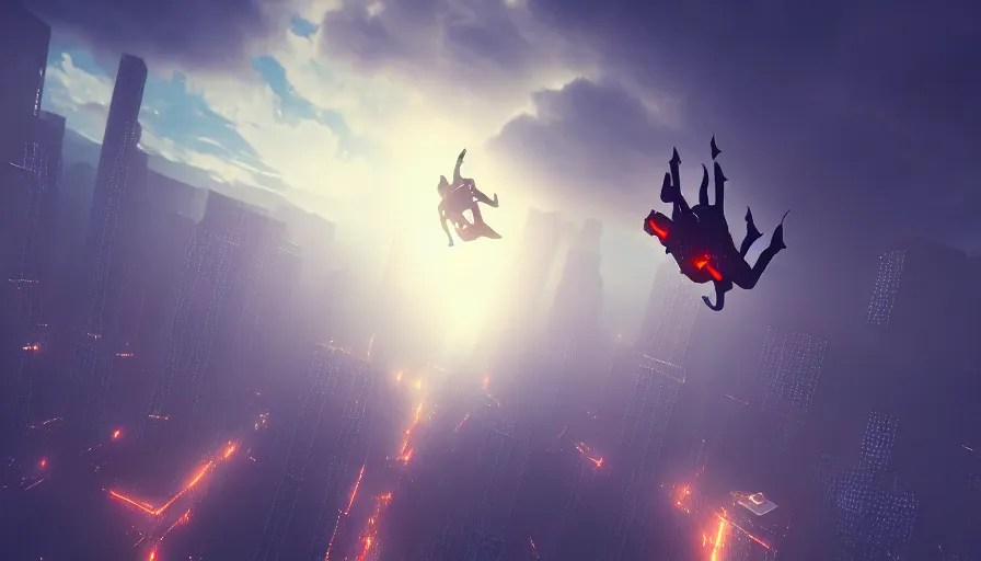 Image similar to man skydiving in dark cyberpunk city with clouds, digital art, volumetric lighting, dystopia, artstation, concept art, painting