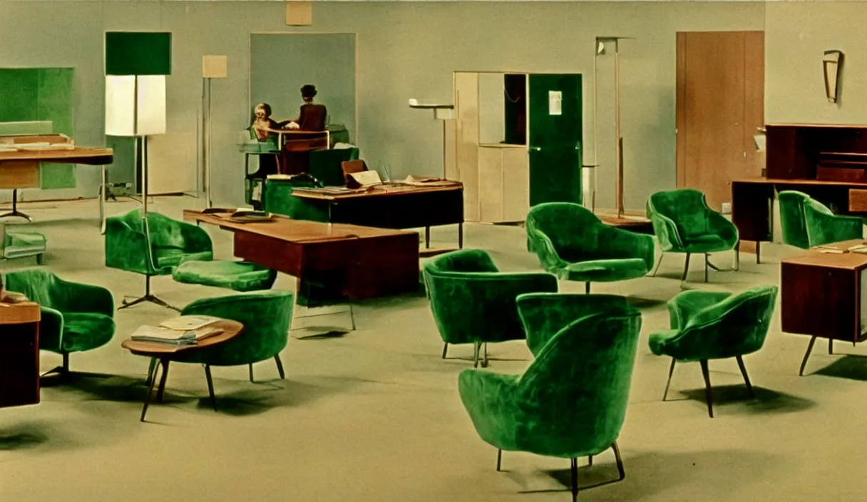 Image similar to a still of severance series indoor 7 0 s green velvet and wood with metal furniture office scenario appearing in a film of jacques tati, in movie playtime ( 1 9 6 7 ) color