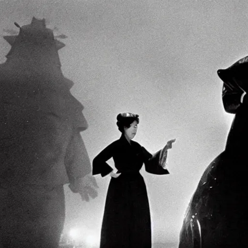 Image similar to a woman in traditional hanbok in the fog and a giant starfish Kaiju monster emerging above, 1950s Korean film noir in the style of Orson Welles and Ishirō Honda