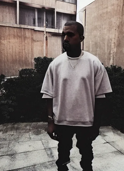 Image similar to Kanye West standing in front of the building of Huta Katowice, iPhone photo