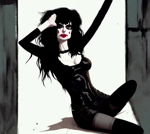 Image similar to krysten ritter as a death from sandman, goth, black lace, by atey ghailan, by greg rutkowski, by greg tocchini, by james gilleard, by joe fenton, 9 0 s aesthetic