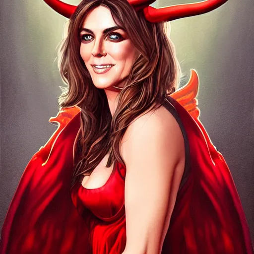 Image similar to illustrated realistic portrait of young Elizabeth Hurley as the Devil with horns wearing red flaming silk by rossdraws