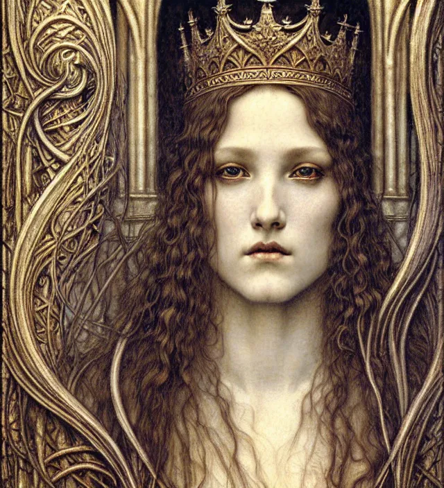 Image similar to detailed realistic beautiful young medieval queen face portrait by jean delville, gustave dore and marco mazzoni, art nouveau, symbolist, visionary, gothic, pre - raphaelite. horizontal symmetry