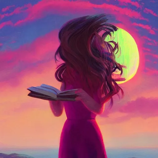 Image similar to a girl reading a book, her hair flowing down, surreal photography, sunrise dramatic light, impressionist painting, colorful clouds, large sky, digital painting, artstation, simon stalenhag, flower face