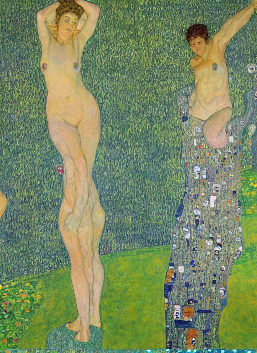 Image similar to a landscape painting of a cognitive optical illusion of trees, with four people who are trees in the foreground making extreme dynamic poses painted by gustav klimt