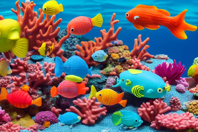 Prompt: fisher price coral reef, california, in 2 0 1 5, 8 k, scene from tv show hyper detailed 5 5 mm 8 5 mm, toy photography, made out of plastic