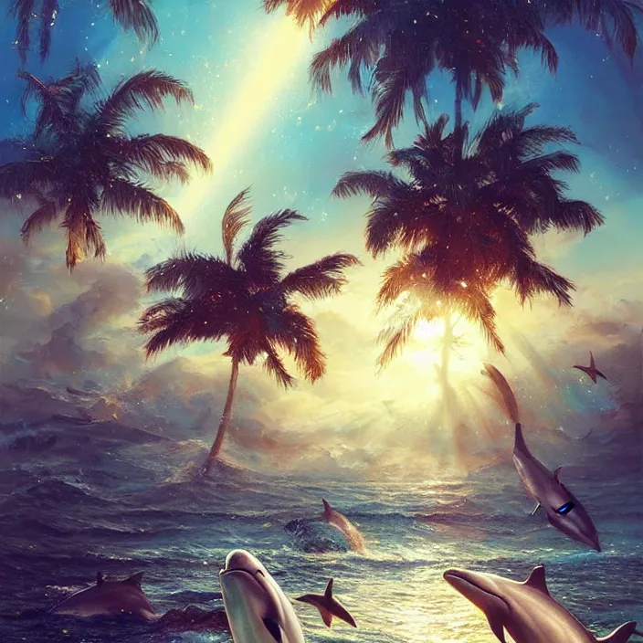 Prompt: dolphins swimming, golden hour, god rays, by artgerm and ruan jia and ismail inceoglu and greg olsen, palm trees, cosmos, milky way galaxy, masterpiece, beautiful, intricate, elegant, highly detailed