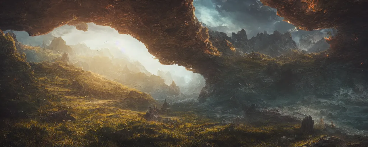 Image similar to ” otherwordly landscape, [ by wlop, cinematic, detailed, epic, widescreen, opening, establishing, mattepainting, photorealistic, realistic textures, octane render ] ”