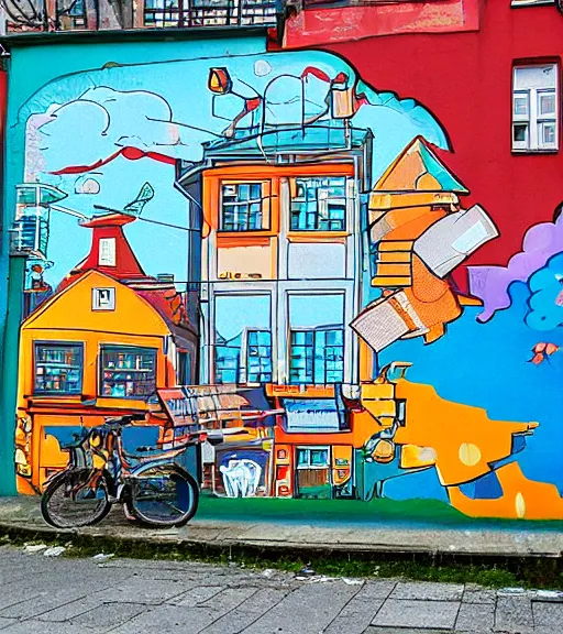 Image similar to bavarian street art looking like retro videogames