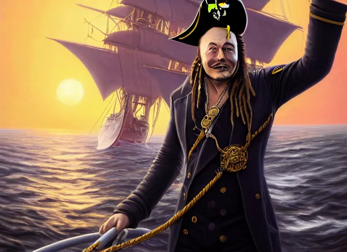 Image similar to highly detailed portrait of a sinister Elon Musk as a dread pirate captain, proudly posing at the helm of his frigate wearing an ornate pirate hat, full body, sinking smoking ship in the background at sunset, artstation, cinematic lighting, hyperdetailed, cgsociety, 8k, high resolution, insanely detailed and intricate, concept art, smooth, sharp focus, illustration, art by John Collier and Albert Aublet and Krenz Cushart and Artem Demura and Alphonse Mucha