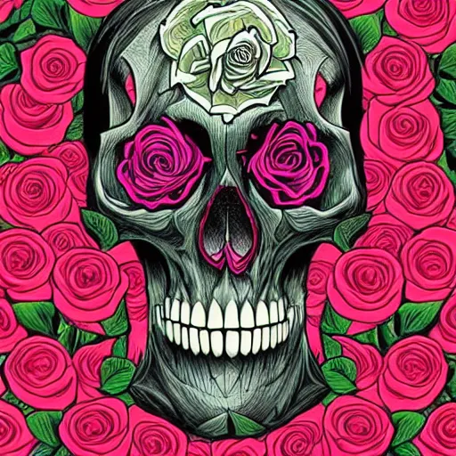 Image similar to ortographic view of a large skull and vivid roses by Jen Bartel and Dan Mumford and Satoshi Kon, gouache illustration