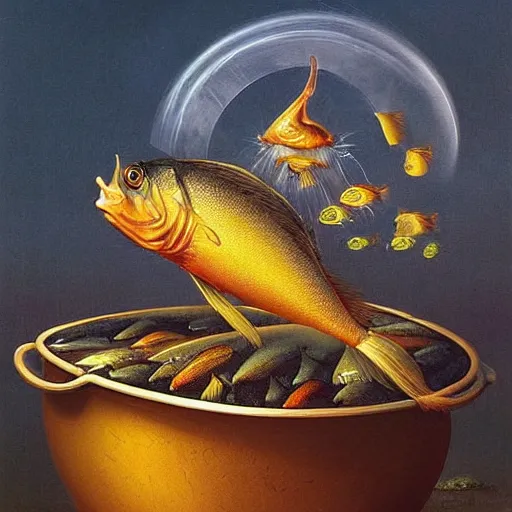 Image similar to surprised fish sitting on the top of a pile of fish, all the fish are inside a cooking pot on fire, side view, by vladimir kush, dystopian art, rococo