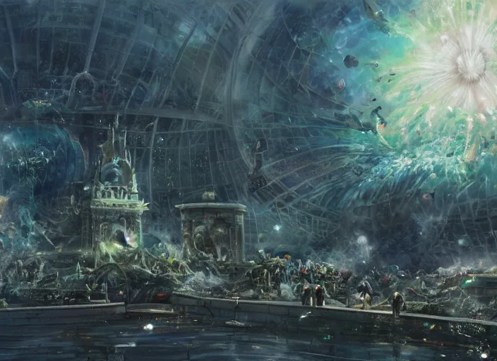 Prompt: A bustling beautiful city on the sea floor inside a glass dome exploding and being attacked by hostile aliens, war, explosions, violence, terror, spaceships, anime, fountain, statue, underwater, rapture, fish flying over head, godrays, a fantasy digital painting by Greg Rutkowski and James Gurney, trending on Artstation, highly detailed