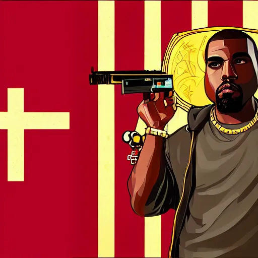 Image similar to illustration gta 5 artwork of holy saint kanye west, golden cross, in the style of gta 5 loading screen, by stephen bliss