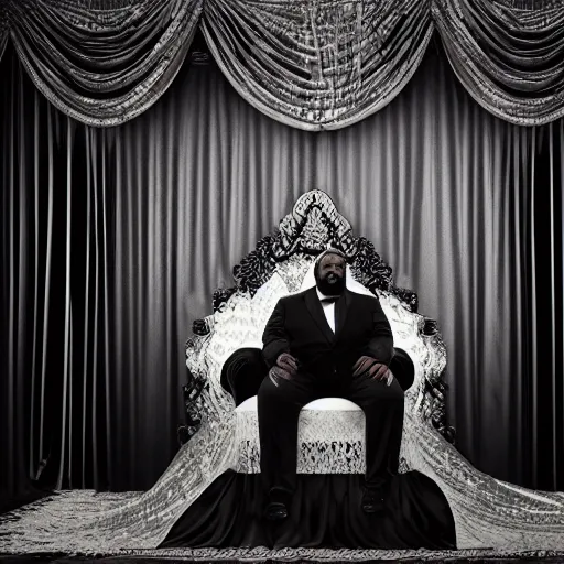 Image similar to Large black man sitting on throne wrapped in silk, background made of large folding curtains, dark, hyper detailed, hyper realistic, 8K phot realistic, black and white color, dimly lit, dark,