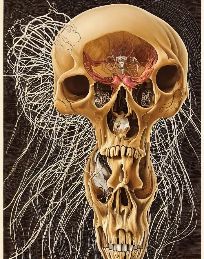 Image similar to an anatomical illustration of a jellyfish skull from a medical journal by Nychos and Alex Grey, highly detailed, high detail, 8k