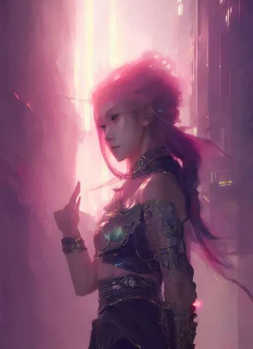 Image similar to a beautiful light haired asian princess, intricate concept art, cyberpunk darksynth, ethereal, ominous, dramatic lighting, ruan jia and krenz cushart and zeronis and wlop