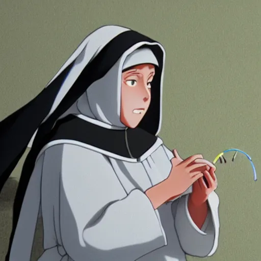 Prompt: female catholic nun playing with yoyos, highly detailed, in the style of makoto shinkai,