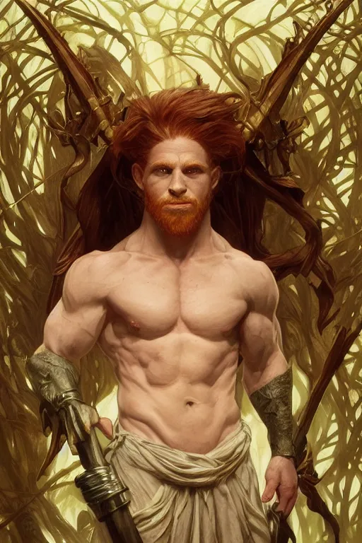 Image similar to portrait of seth green as a very pale hulking herculean demon, forest, godlike, full body, fantasy, intricate, elegant, highly detailed, digital painting, artstation, concept art, sharp focus, illustration, art by artgerm and greg rutkowski and alphonse mucha