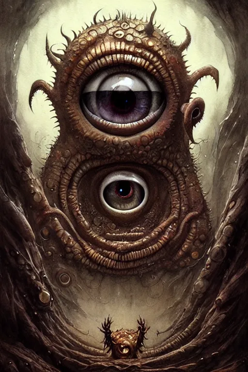 Prompt: beholder monster with 6 eyes | esoteric symbolism | jean - baptiste monge, esao andrews, bastien lecouffe - deharme, tim jacobus, ken currie | ultra - detailed realism, soft cinematic lighting, hi - fructose, artstation, high - quality, ink watercolors wes anderson poster art