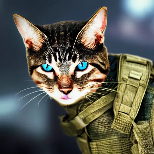 Image similar to cat soldier in call of duty warzone 4k, hazel complete heterochromia, high detail, high-resolution photograph, professional photography, ultra-detail