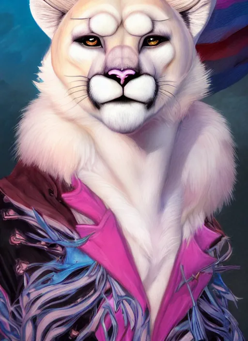 Prompt: award winning beautiful portrait commission of a male furry anthro albino mountain lion with a beautiful hyperdetailed attractive outfit and face wearing a blue and pink rockstar outfit on a stage. Character design by charlie bowater, ross tran, and makoto shinkai, detailed, inked, western comic book art