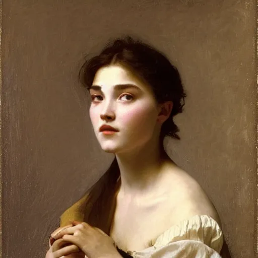 Prompt: Portrait of Florence Pugh, by William Adolphe Bouguereau, John Singer Sargent, Vermeer, serene